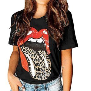 Red Lip Leopard Print Retro Black Graphic T-Shirt